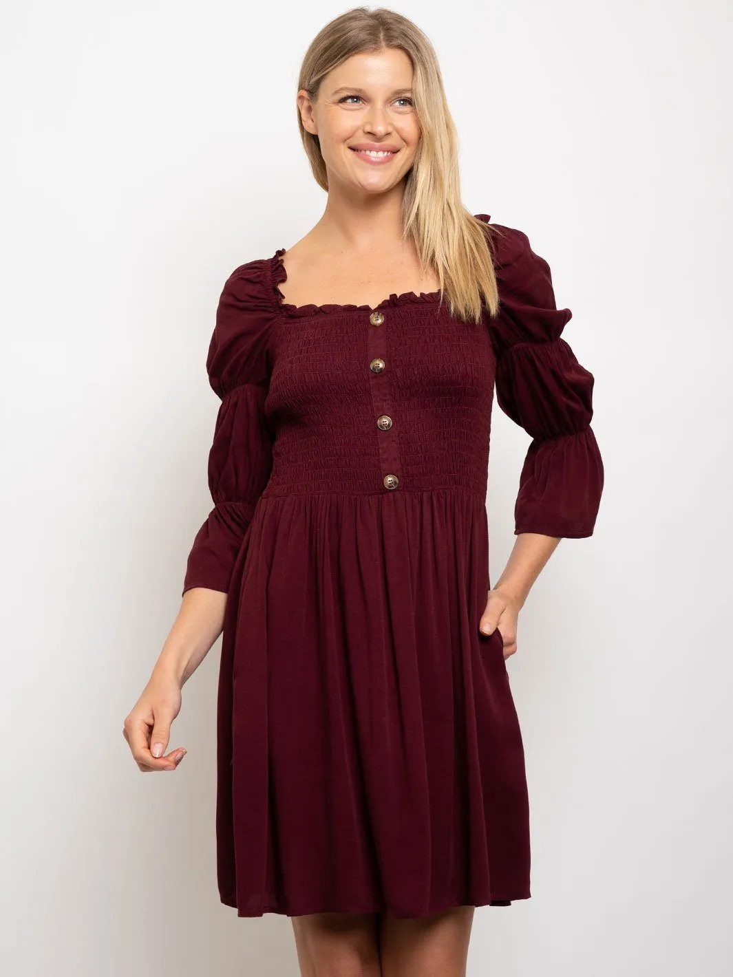 WOMEN'S SEMI OFF SHOULDER SMOCKING TOP MINI DRESS