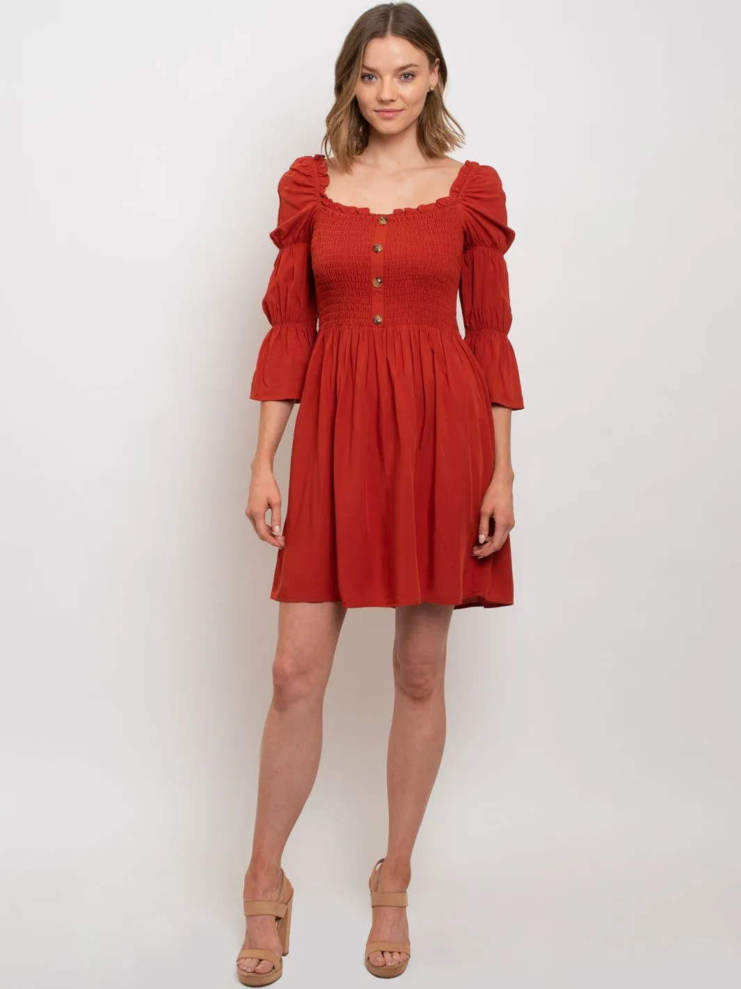 WOMEN'S SEMI OFF SHOULDER SMOCKING TOP MINI DRESS