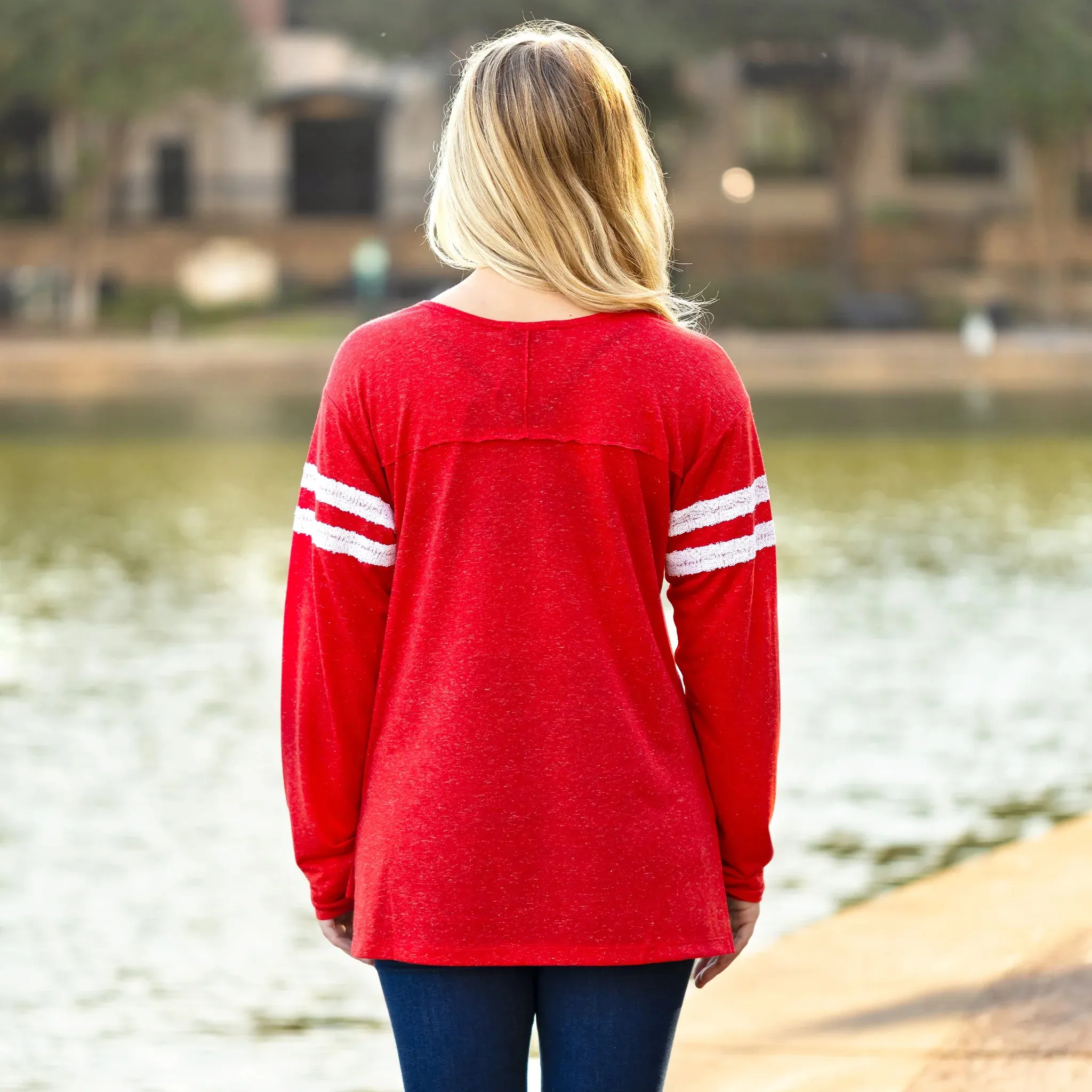 XL,2X,3X : XOXO Red long sleeve with sequin arm stripes