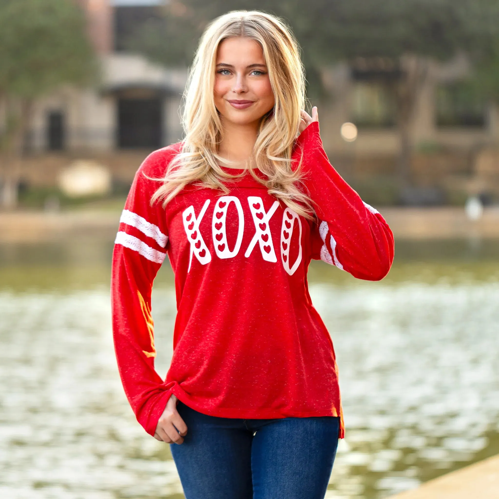 XL,2X,3X : XOXO Red long sleeve with sequin arm stripes