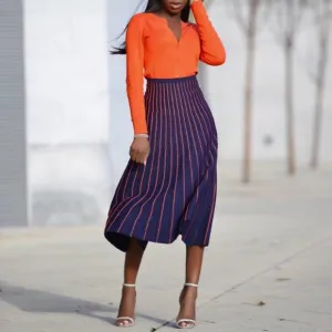 Zara knit scalloped pleated midi skirt navy red