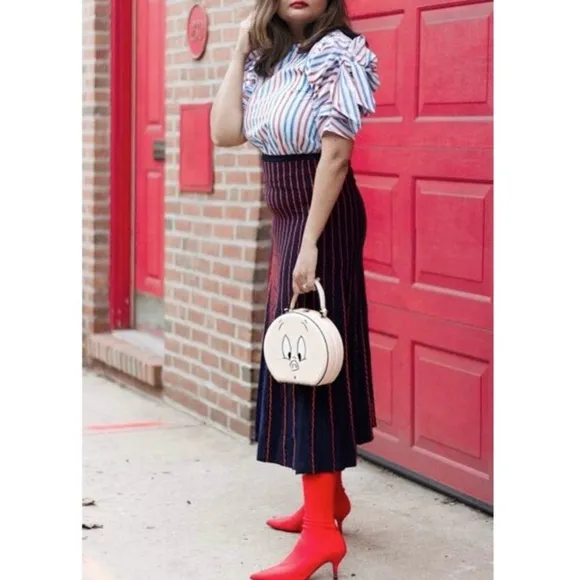 Zara knit scalloped pleated midi skirt navy red