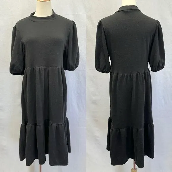 Zara puff sleeve black heavy knit mock neck tiered midi dress size medium
