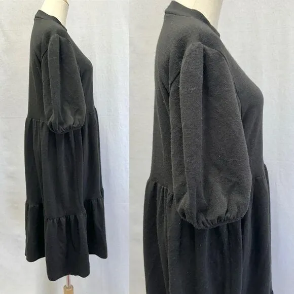 Zara puff sleeve black heavy knit mock neck tiered midi dress size medium