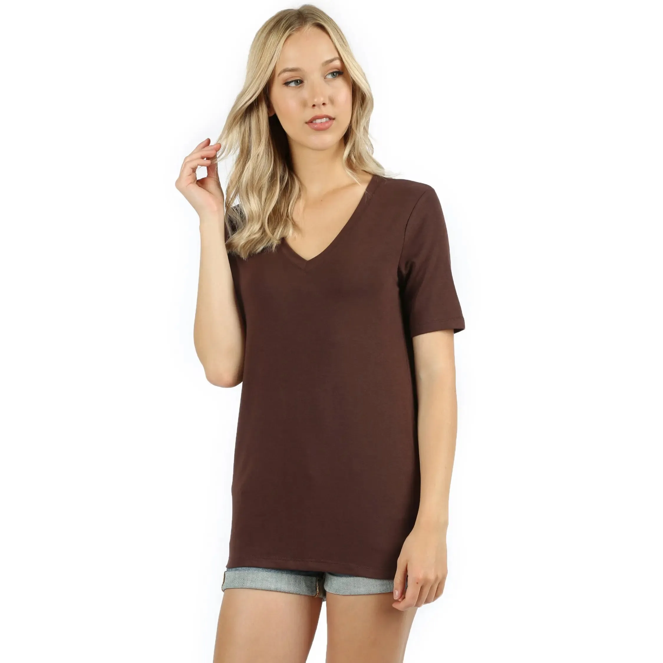 Zenana Premium Fabric Short Sleeve V-Neck Tee  AMERICANO RT-2109P
